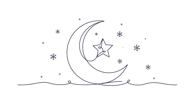 Continuous Line Drawing of Crescent Moon and Star with Snowflakes on White Background