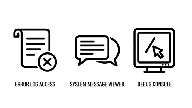 Software development icons: error log access system message viewer debug console with problem solving user interface white background developer tools software engineering technical support