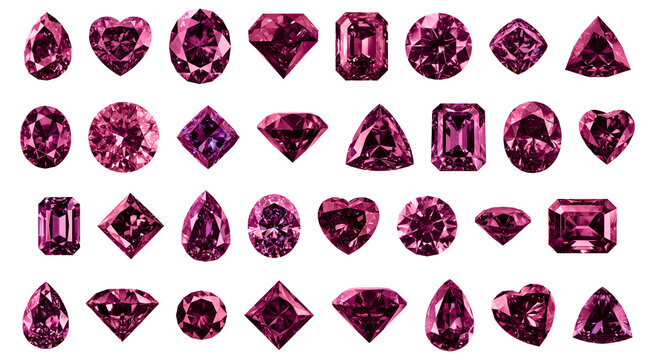 Pink gemstone array isolated on transparent background, assorted faceted jewels png round oval pear heart cushion emerald trillion princess cuts luxury jewelry resource vivid crystal selection artwork