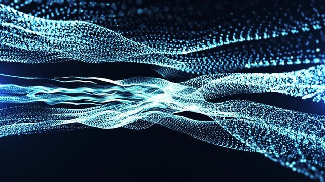 Glowing blue particle streams form flowing digital waves, creating a dynamic abstract landscape with depth, motion, and futuristic technology energy.