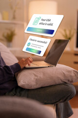Obraz premium Person use laptop get USA eVisa validation and successful online check-in confirmation for convenient international travel preparation at home evisa online check-in immigration