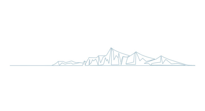 Minimalist mountain range outline, thin blue line art, abstract landscape, white background