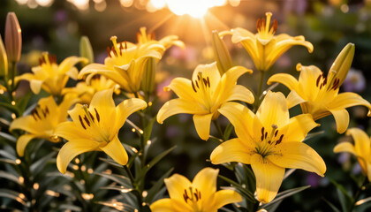 Fototapeta premium vibrant yellow lilies basking in warm sunlight. These yellow lilies grow amidst a green landscape, enhancing the floral display.