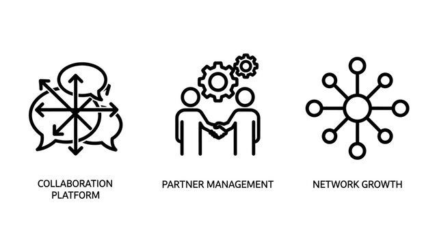 Business development icons for collaboration platforms partner management handshake and network growth connections with business collaboration platform management handshake agreement strategy