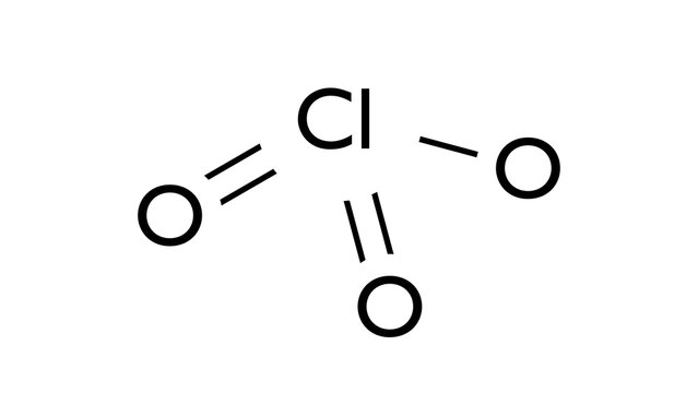 chlorate molecule, structural chemical formula, ball-and-stick model, isolated image oxidizing agent