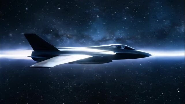 High-Speed Jet in Cosmic Voyage: An advanced jet aircraft streaks through the expanse of space, symbolizing innovation and boundless exploration, with trails of light signifying speed.