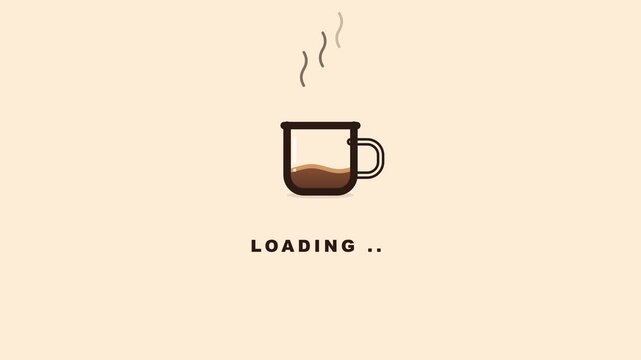 Animated coffee mug, filling with coffee, on beige background with loading text, seamless loop, symbolizing patience, loading, or waiting.