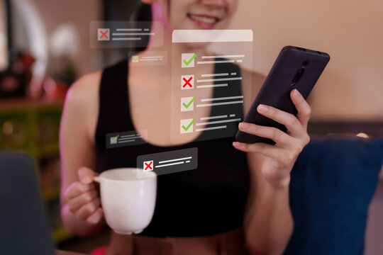 Woman completes digital satisfaction survey on smartphone with virtual checklist for quality control and business feedback showing pass fail options survey checklist feedback