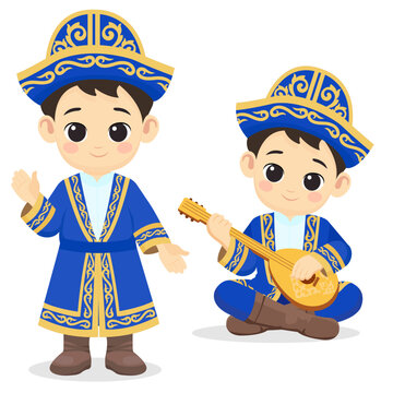 Cute cartoon Kazakh boy in traditional national costume. Child character standing and playing dombra musical instrument. 