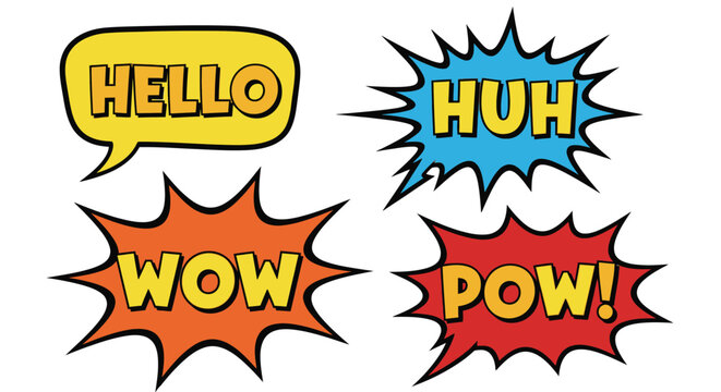 Pop art comic speech bubbles with exclamations like HELLO, HUH, WOW, POW, on isolated white background.