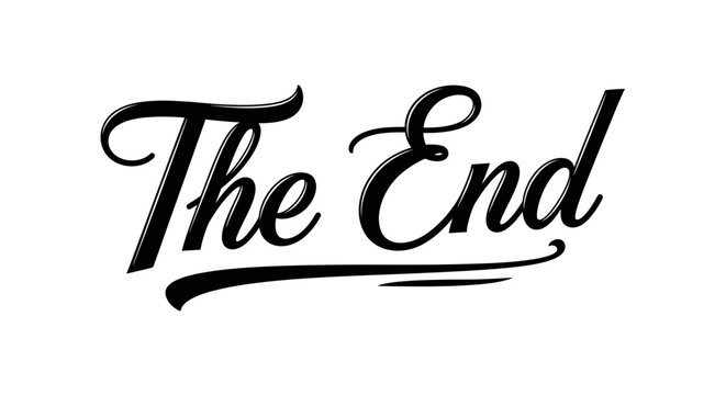 Elegant Black Calligraphic "The End" Text with Underline on Isolated White Background, Vintage Movie Screen Concluding Title