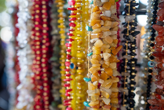 Colorful Handmade Beaded Necklaces Displayed at Local Market Close-Up