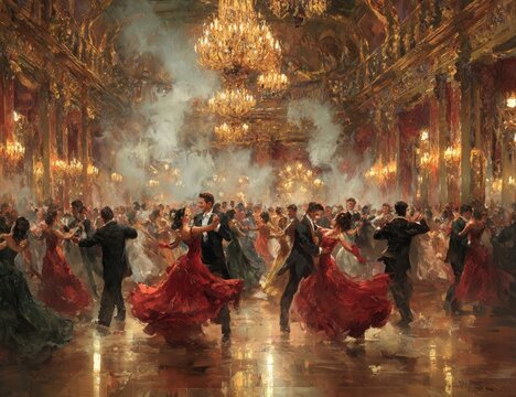 Grand ballroom scene couples waltz amidst ornate chandeliers, shimmering lights, and haze