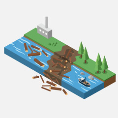 Naklejka premium Polluted River with Industrial Waste and Oil Spill.