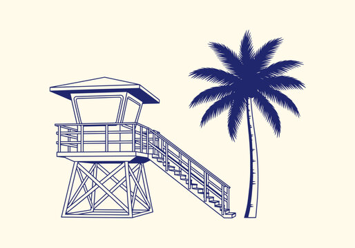 Minimalist Blue Lifeguard Tower and Palm Tree Illustration - Vintage Tropical Beach Scene