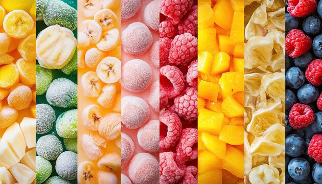 A creative collage of different frozen food items, including fruits, vegetables, and desserts, celebrating diversity in frozen foods 