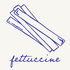 Fototapeta premium Blue fettuccine pasta illustration with folded ribbon noodles and handwritten lettering on a light background. Italian food motif featuring classic uncooked pasta in a clean retro style.
