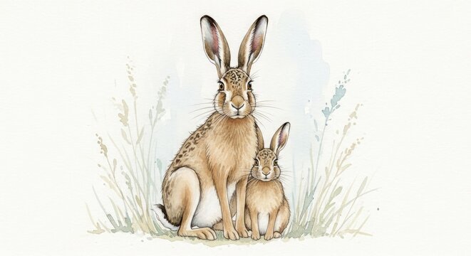 Watercolor painting of a hare in a winter landscape