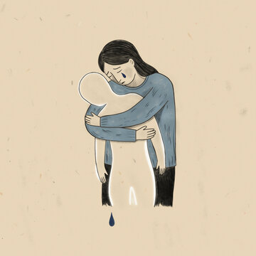 A poignant illustration of a grieving figure embracing an empty, human-shaped space, symbolizing loss, absence, and the enduring memory of a loved one