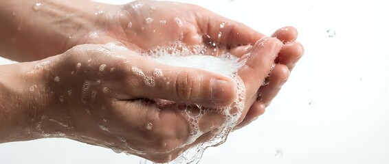 Fototapeta premium Cupped hands catching fresh clean water with splashing droplets against white background for hygiene and wellness concepts.