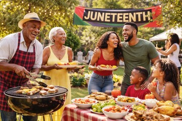 Joyful multi-generational Black family celebrating Juneteenth with a backyard barbecue feast