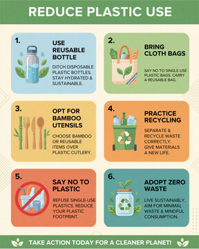 Reduce Plastic Use Poster with Reusable Bottle Cloth Bag Bamboo Utensils Recycling Zero Waste Eco Lifestyle Infographic Vector Illustration