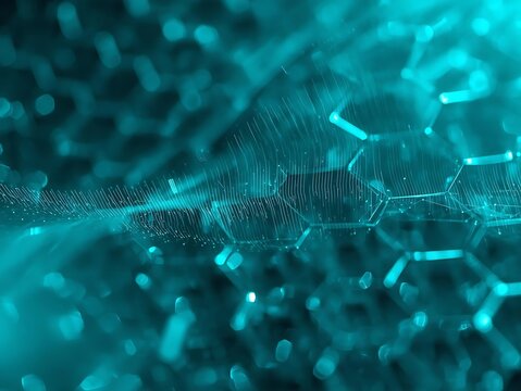 Abstract teal hexagonal grid with glowing biometric waves and bokeh effect