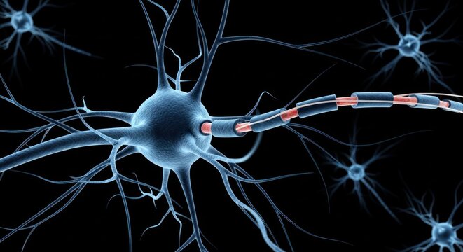 A detailed 3D rendering of biological neurons with axons and dendrites against black background