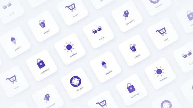 Animated purple shopping and summer icons, seamless loop of e-commerce symbols, dynamic visuals of discounts and holidays, representing online shopping and seasonal promotions.