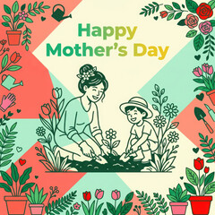 Fototapeta premium Mother and child planting flowers together in a garden, happy mother's day