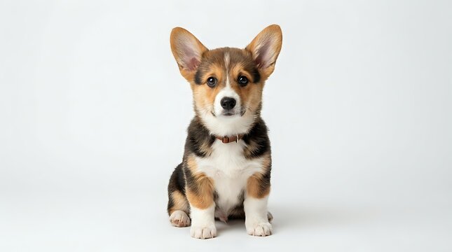 Adorable tricolor Corgi puppy sitting on white background, cute dog with perked ears and alert expression for pet photography and design projects.