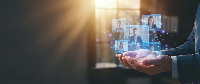 Businessman holding holographic video conference call with diverse team members on virtual meeting platform for remote work collaboration.