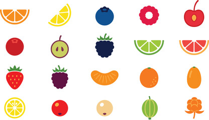 Obraz premium Colorful Fruit Icon Set with Citrus, Berries, Apple, and Tropical Elements in Flat Design Style for Healthy Food Apps, Menus, and Digital Projects
