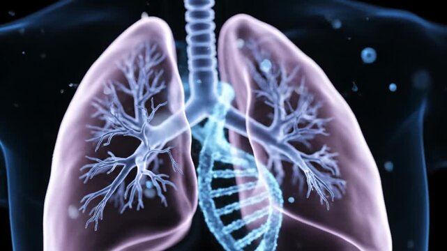 Digital rendering of human lungs highlighting the intricate structure of the respiratory system with a focus on DNA influence
