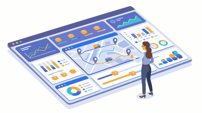 Businesswoman analyzes data charts on large screen with Free Shipping offer