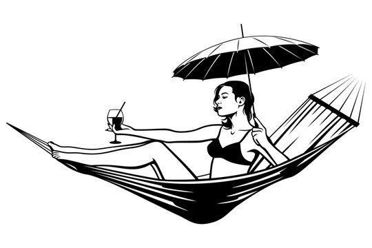 Young Woman Relaxing in Hammock with Sun Umbrella and Glass of Wine. Black and white vector illustration.