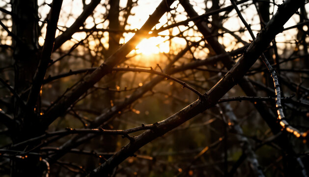 branches of trees with sunlight filtering through the dense foliage. Sunlight casts warm light on the intertwining branches, creating a natural silhouette.