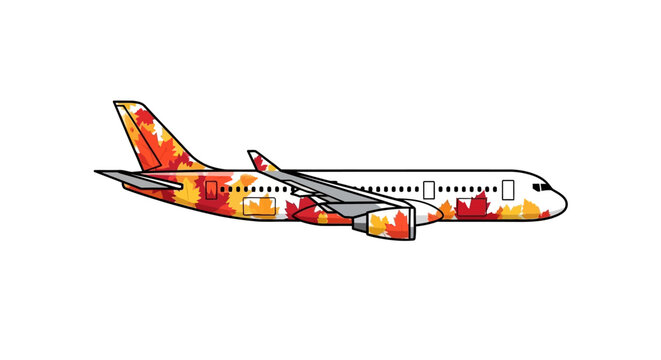 Airplane illustration with autumn leaf pattern for commercial use