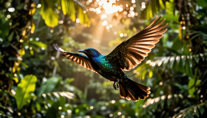 Obraz premium A hummingbird is flying through a lush jungle. Sunlight shines on the iridescent feathers of the hummingbird as it flits between vibrant leaves.