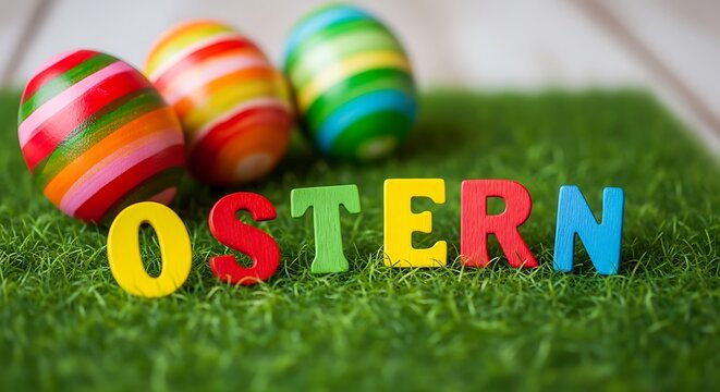 easter eggs on grass with festive letters