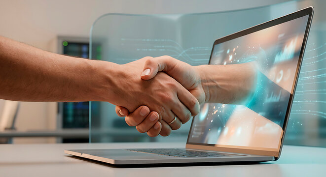 Online deal, online sales, remote employment, digital handshake between human hand and virtual hand emerging from laptop screen, IT, global connection, trust in online business, remote collaboration