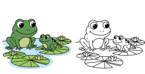 Fototapeta premium Cute Frogs on Lily Pads in Pond Vector Illustration and Coloring Page Outline for Kids Education and Activity Book