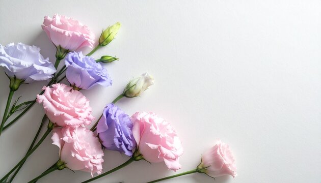 Ein minimalistisches Flat-Lay-Arrangement aus zarten Lisianthus-Bl&uuml;ten in Rosa- und Blaut&ouml;nen