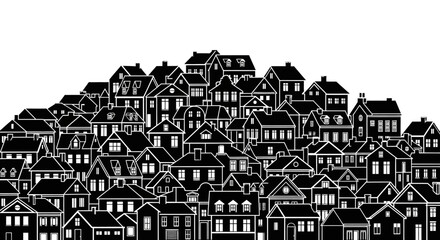 Naklejka premium Black and white illustration of a residential neighborhood or community