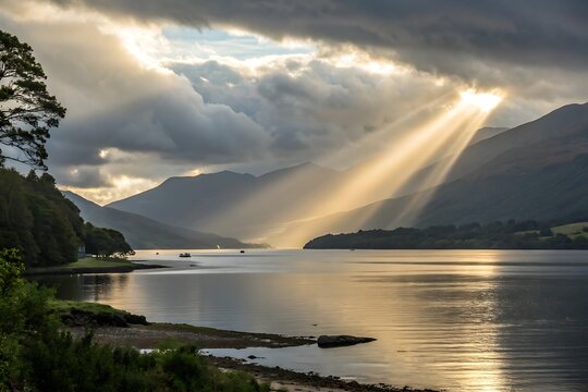 Dramatic sunbeams over a vast lake surrounded by misty mountains light rays god rays