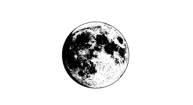 Black and white illustration of the moon isolated on a white background