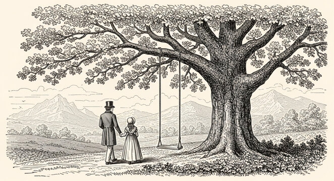 Large mature oak tree with hanging swing.