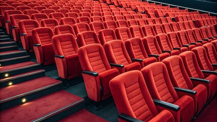 Fototapeta premium Empty red velvet theater seats in rows with illuminated stairs cinema chairs