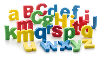 Fototapeta premium A colorful arrangement of foam alphabet letters on a white background