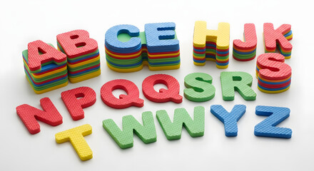 Obraz premium A colorful arrangement of foam alphabet letters on a white background